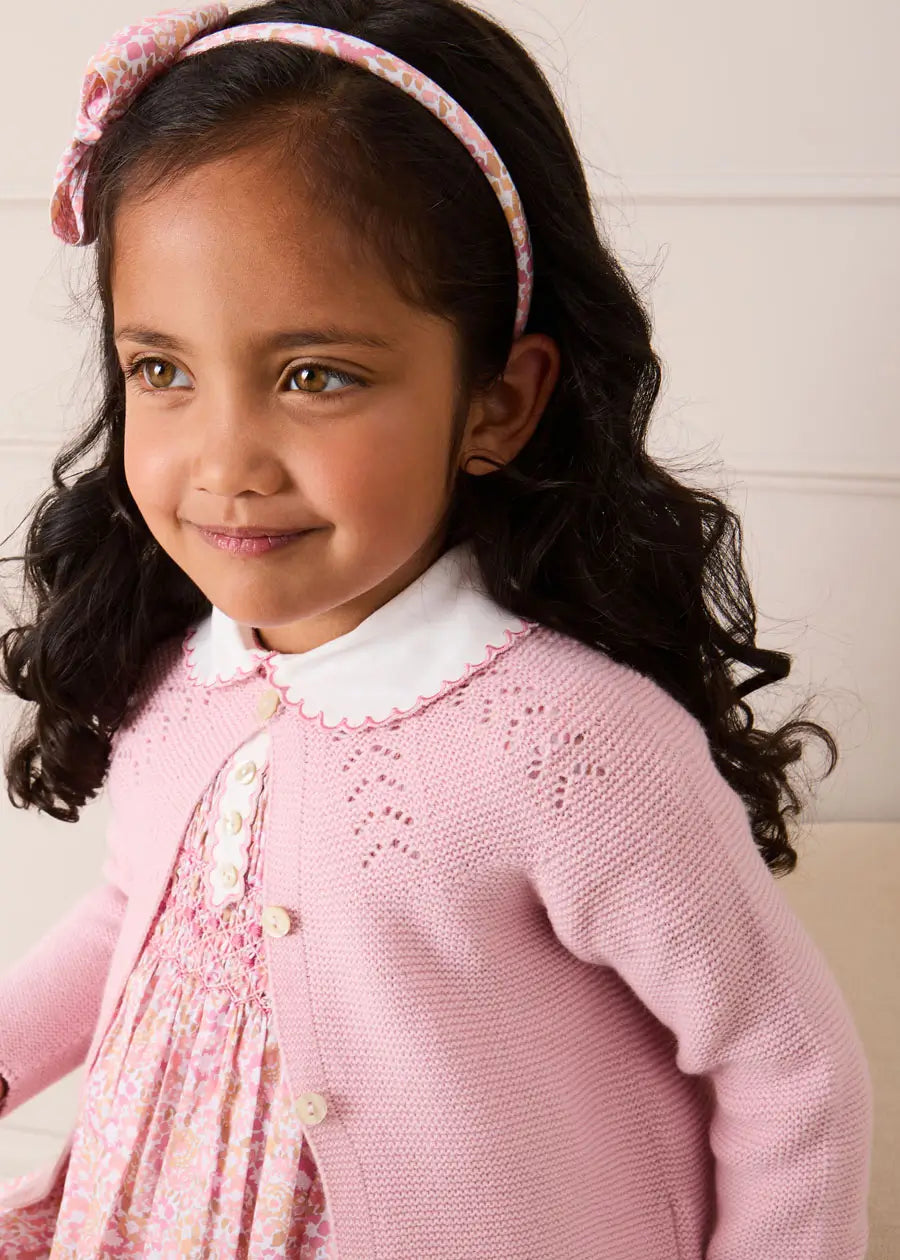 Nellie Floral Hand Smocked Embroidered Peter Pan Collar Dress in Pink (12mths-10yrs) Dresses from Pepa London