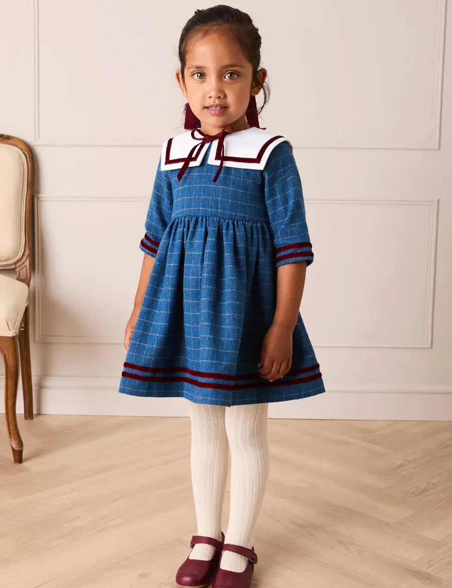 Moreton Check Mariner Collar Velvet Detail Dress in Blue (18mths-10yrs) Dresses from Pepa London