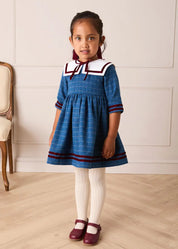 Moreton Check Mariner Collar Velvet Detail Dress in Blue (18mths-10yrs) Dresses from Pepa London
