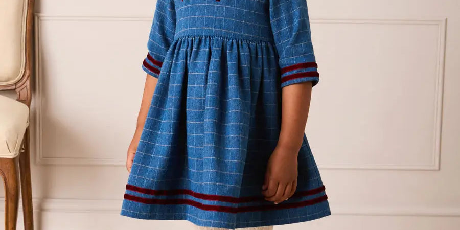 Moreton Check Mariner Collar Velvet Detail Dress in Blue (18mths-10yrs) Dresses from Pepa London
