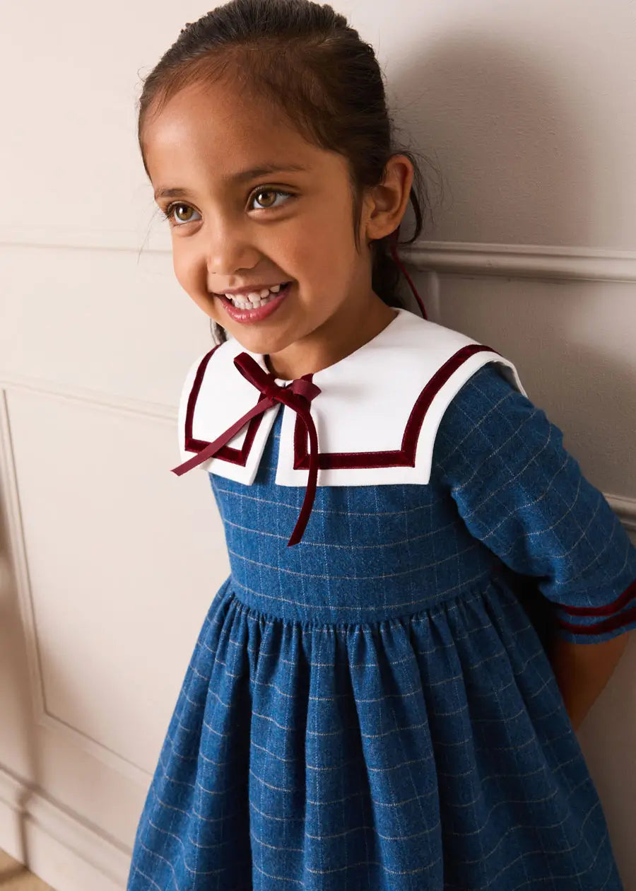 Moreton Check Mariner Collar Velvet Detail Dress in Blue (18mths-10yrs) Dresses from Pepa London