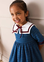 Moreton Check Mariner Collar Velvet Detail Dress in Blue (18mths-10yrs) Dresses from Pepa London