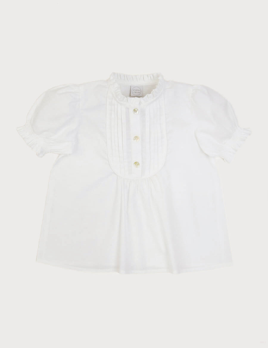 Frilly Neck Pleated Short Sleeve Blouse in White (18mths-10yrs) Blouses  from Pepa London