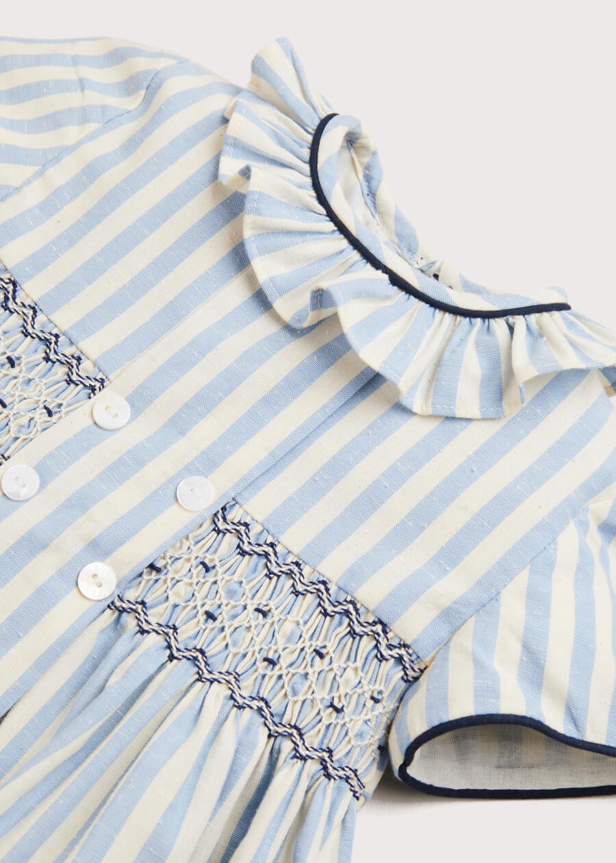 Hand Smocked Delicate Stripe Short Sleeve Dress in Blue (12mths-10yrs) Dresses  from Pepa London