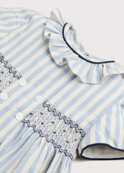 Hand Smocked Delicate Stripe Short Sleeve Dress in Blue (12mths-10yrs) Dresses  from Pepa London