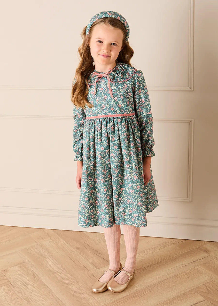 Beatrice Floral Long Sleeve Frill Collar Dress in Teal (18mths-10yrs) Dresses from Pepa London