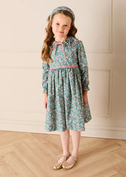 Beatrice Floral Long Sleeve Frill Collar Dress in Teal (18mths-10yrs) Dresses from Pepa London