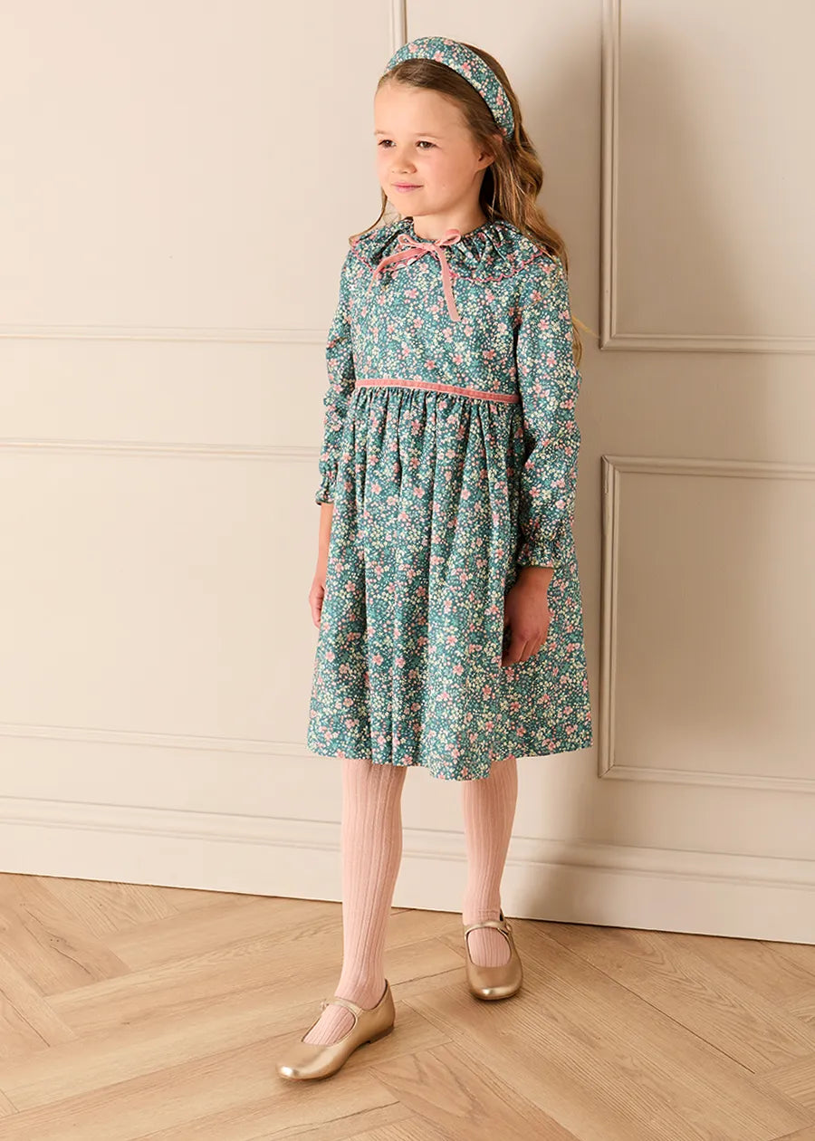 Beatrice Floral Long Sleeve Frill Collar Dress in Teal (18mths-10yrs) Dresses from Pepa London