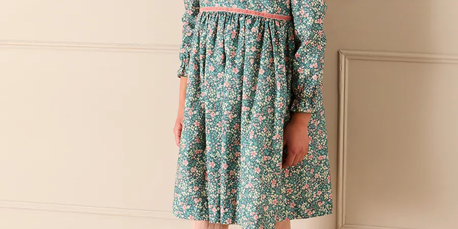 Beatrice Floral Long Sleeve Frill Collar Dress in Teal (18mths-10yrs) Dresses from Pepa London