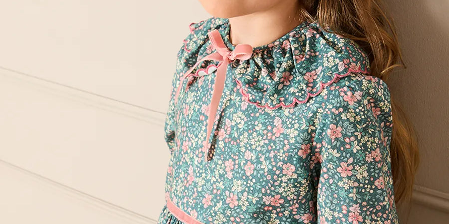 Beatrice Floral Long Sleeve Frill Collar Dress in Teal (18mths-10yrs) Dresses from Pepa London