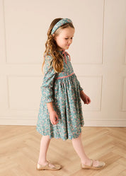 Beatrice Floral Long Sleeve Frill Collar Dress in Teal (18mths-10yrs) Dresses from Pepa London