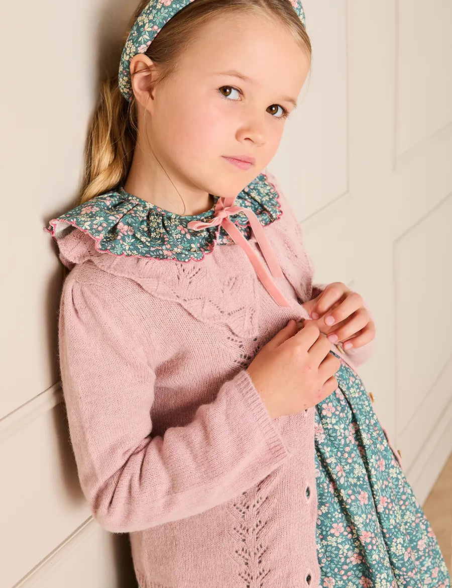 Openwork Knitted Ruffle Collar Cardigan in Pink (3-10yrs) Knitwear from Pepa London