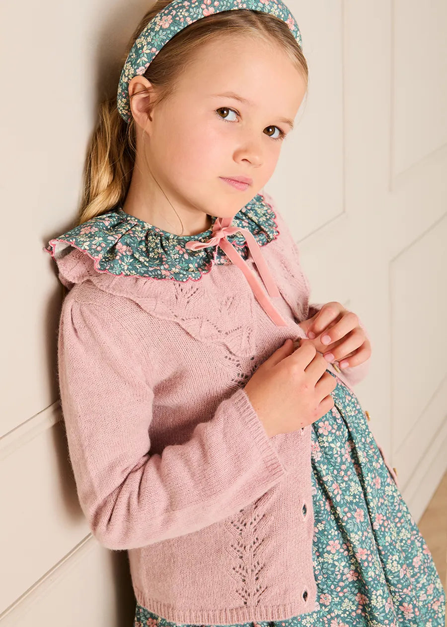 Openwork Knitted Ruffle Collar Cardigan in Pink (3-10yrs) Knitwear from Pepa London