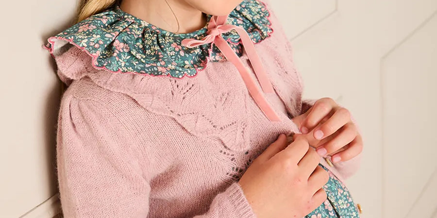 Openwork Knitted Ruffle Collar Cardigan in Pink (3-10yrs) Knitwear from Pepa London
