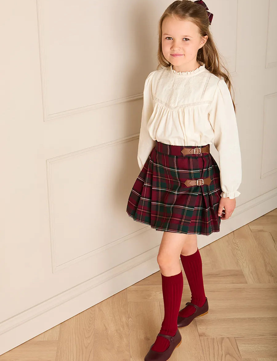 Balmoral Tartan Buckle Detail Pleated Skirt in Burgundy (3-10yrs) Skirts from Pepa London