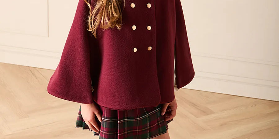 Velvet Collar Cape With Gold Buttons in Burgundy (2-8yrs) Coats from Pepa London
