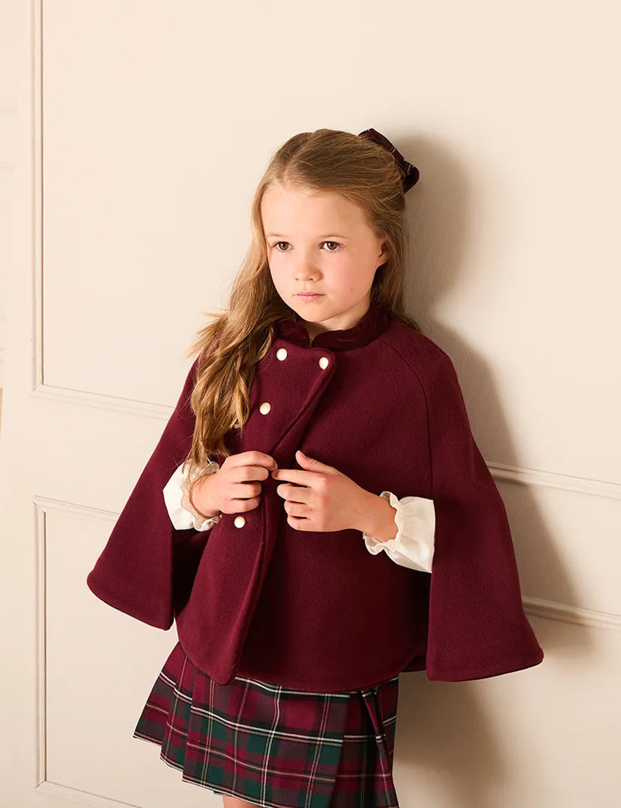 Velvet Collar Cape With Gold Buttons in Burgundy (2-8yrs) Coats from Pepa London