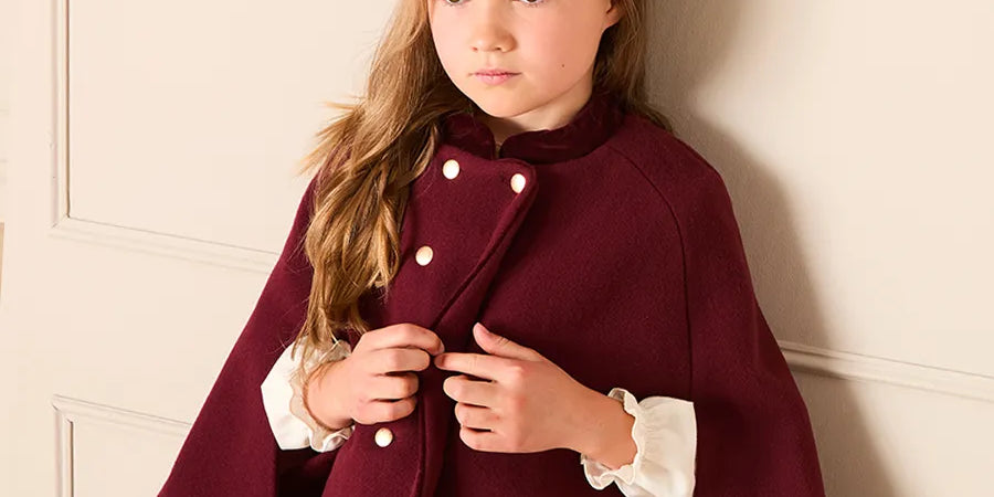 Velvet Collar Cape With Gold Buttons in Burgundy (2-8yrs) Coats from Pepa London