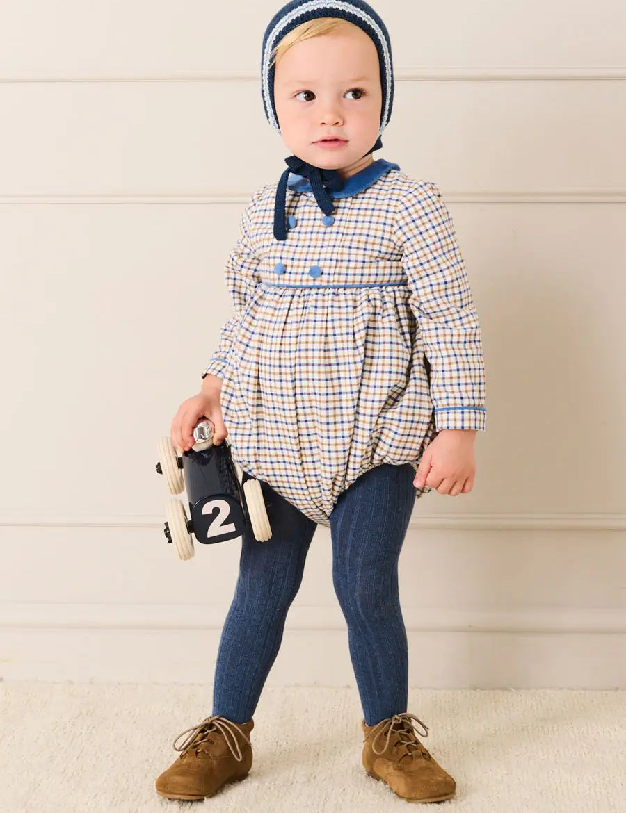 Thirleby Check Velvet Peter Pan Collar Long Sleeve Romper in Blue (6mths-3yrs) Rompers from Pepa London