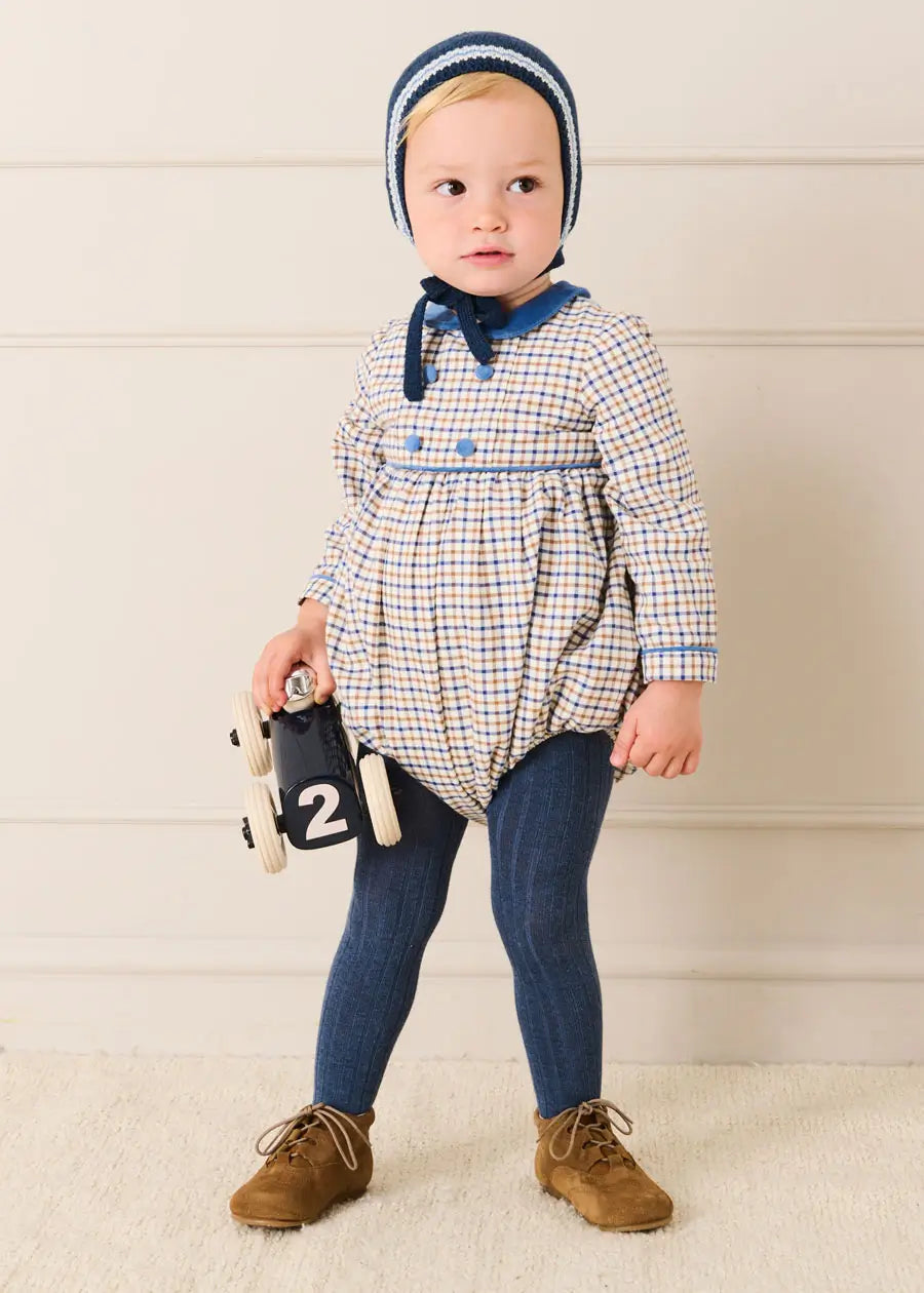Thirleby Check Velvet Peter Pan Collar Long Sleeve Romper in Blue (6mths-3yrs) Rompers from Pepa London