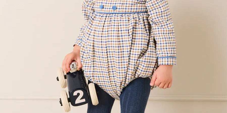 Thirleby Check Velvet Peter Pan Collar Long Sleeve Romper in Blue (6mths-3yrs) Rompers from Pepa London