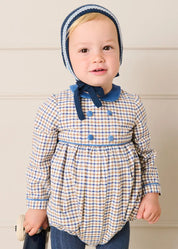 Thirleby Check Velvet Peter Pan Collar Long Sleeve Romper in Blue (6mths-3yrs) Rompers from Pepa London