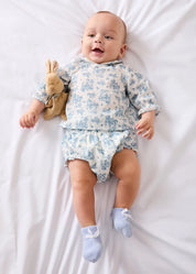 Audrey Toile Peter Pan Collar Long Sleeve Blouse in Blue (1mth-12mths) Blouses from Pepa London