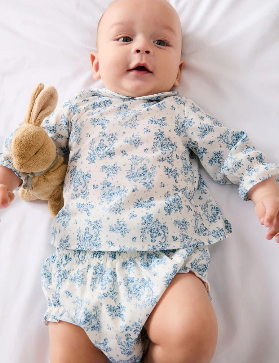 Audrey Toile Peter Pan Collar Long Sleeve Blouse in Blue (1mth-12mths) Blouses from Pepa London