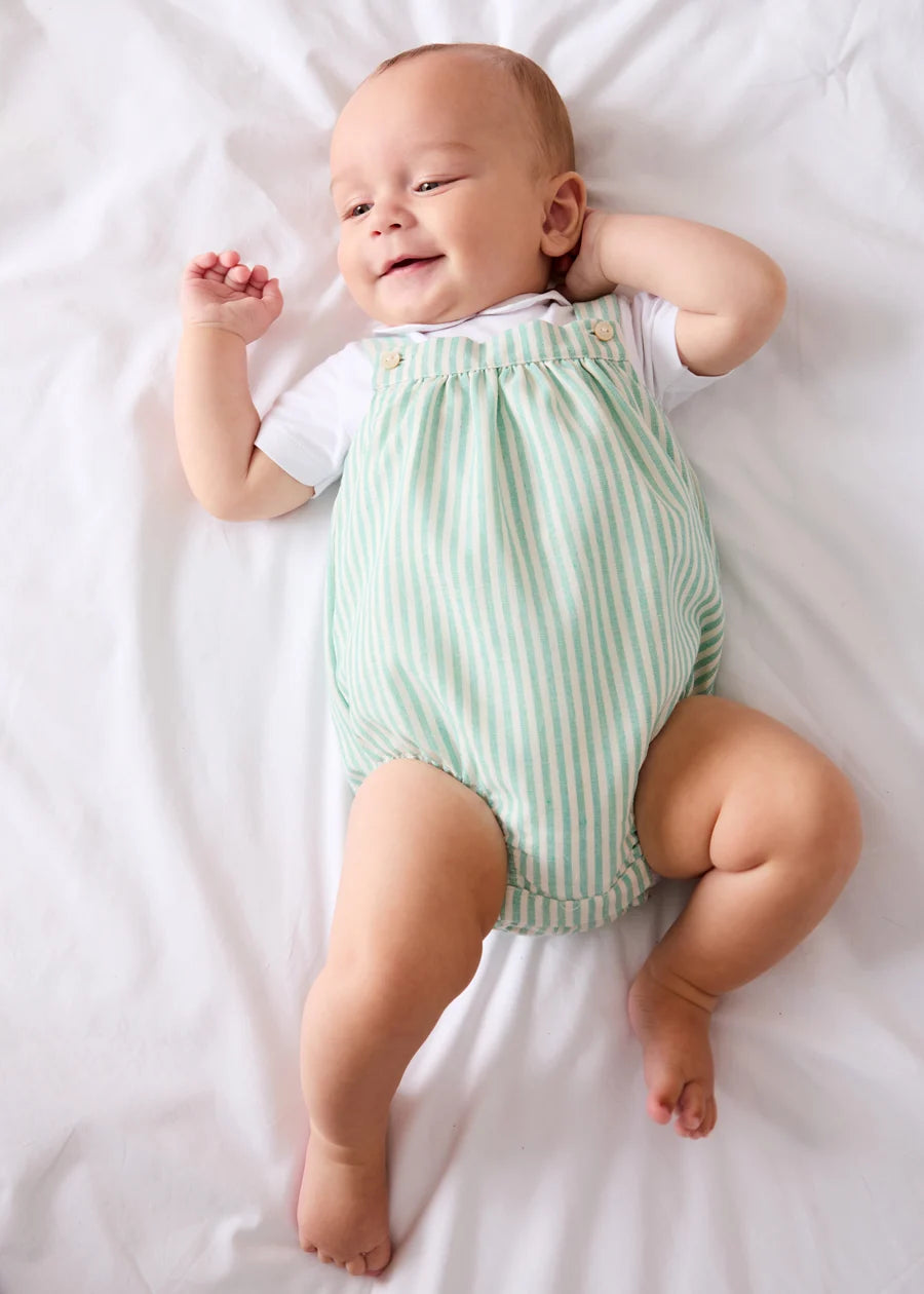Wimbledon Stripe Button Detail Romper in Green (3mths-2yrs) Rompers from Pepa London