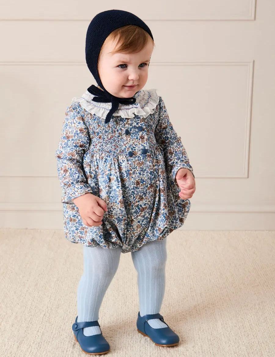 Beatrice Floral Hand Smocked Double Breasted Romper in Blue (6mths-3yrs) Rompers from Pepa London