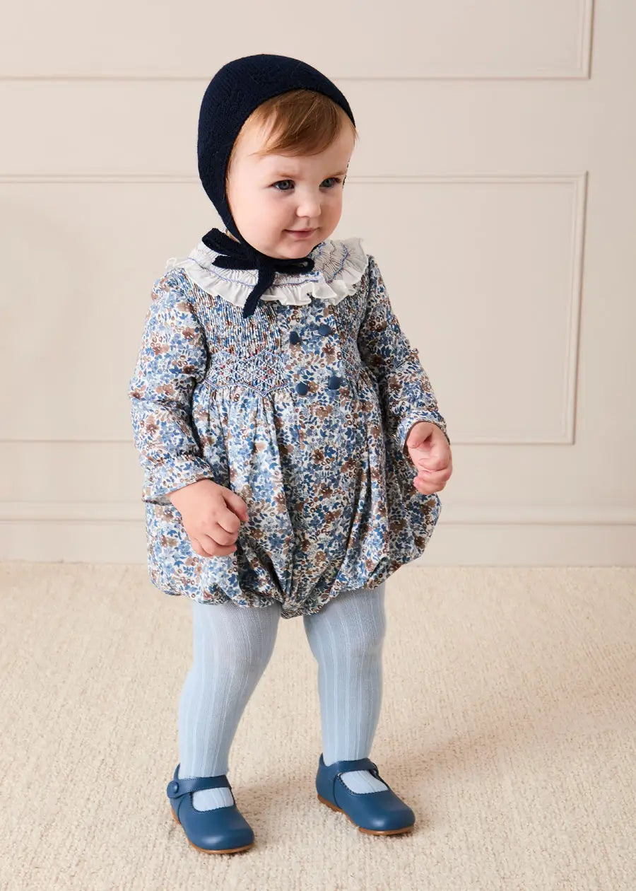 Beatrice Floral Hand Smocked Double Breasted Romper in Blue (6mths-3yrs) Rompers from Pepa London