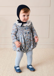 Beatrice Floral Hand Smocked Double Breasted Romper in Blue (6mths-3yrs) Rompers from Pepa London