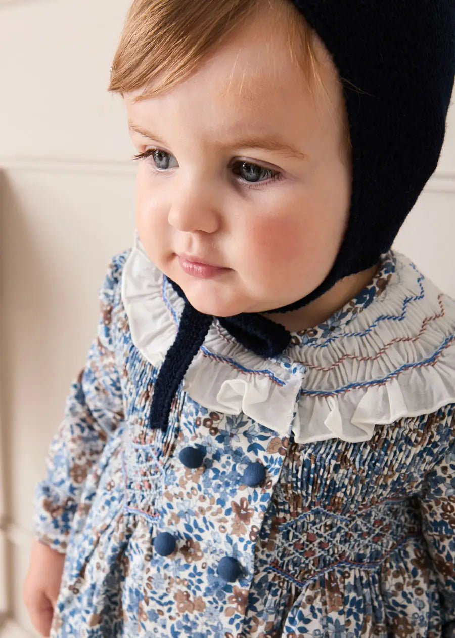 Beatrice Floral Hand Smocked Double Breasted Romper in Blue (6mths-3yrs) Rompers from Pepa London
