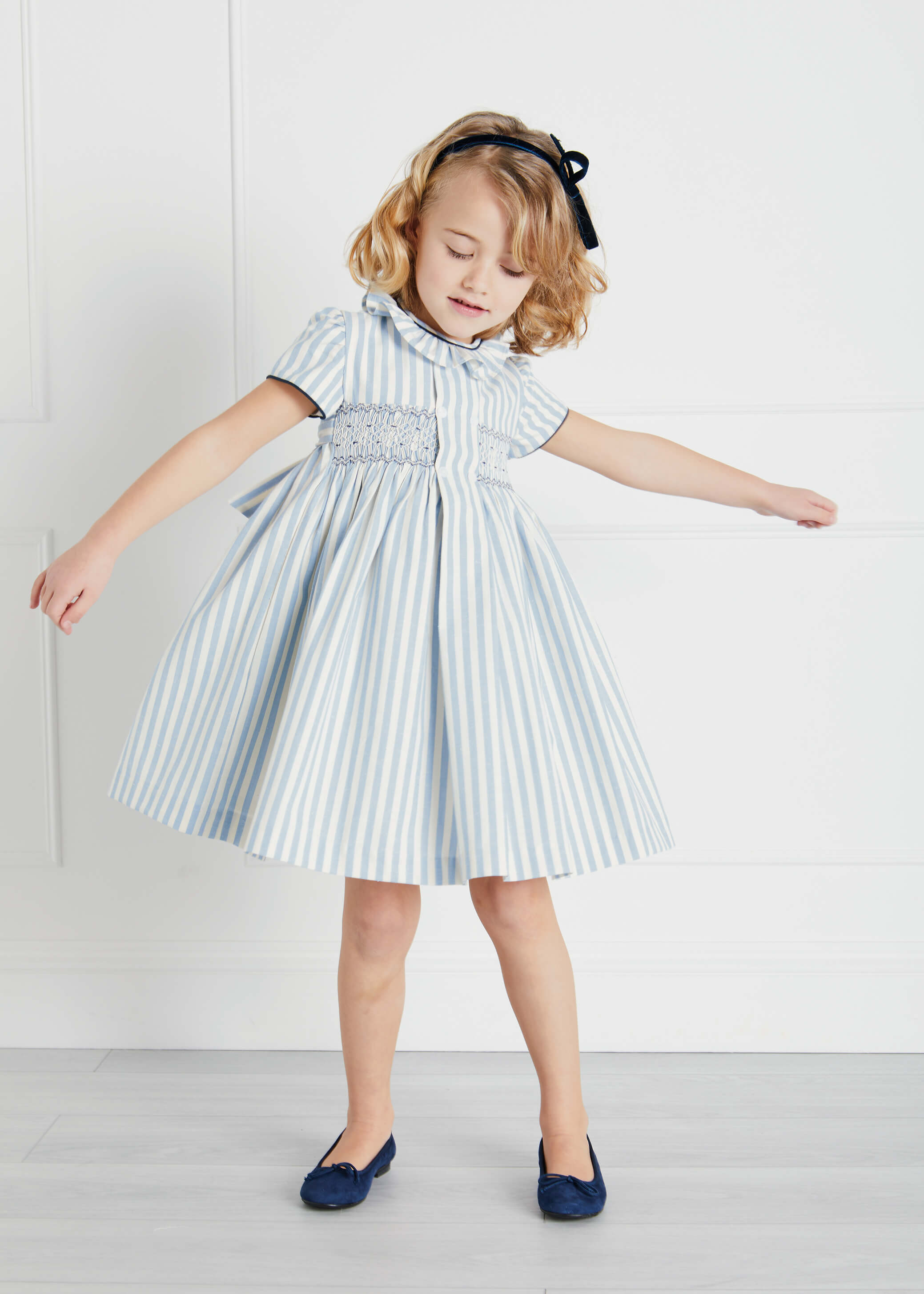 Hand Smocked Delicate Stripe Short Sleeve Dress in Blue (12mths-10yrs) Dresses  from Pepa London