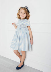 Hand Smocked Delicate Stripe Short Sleeve Dress in Blue (12mths-10yrs) Dresses  from Pepa London