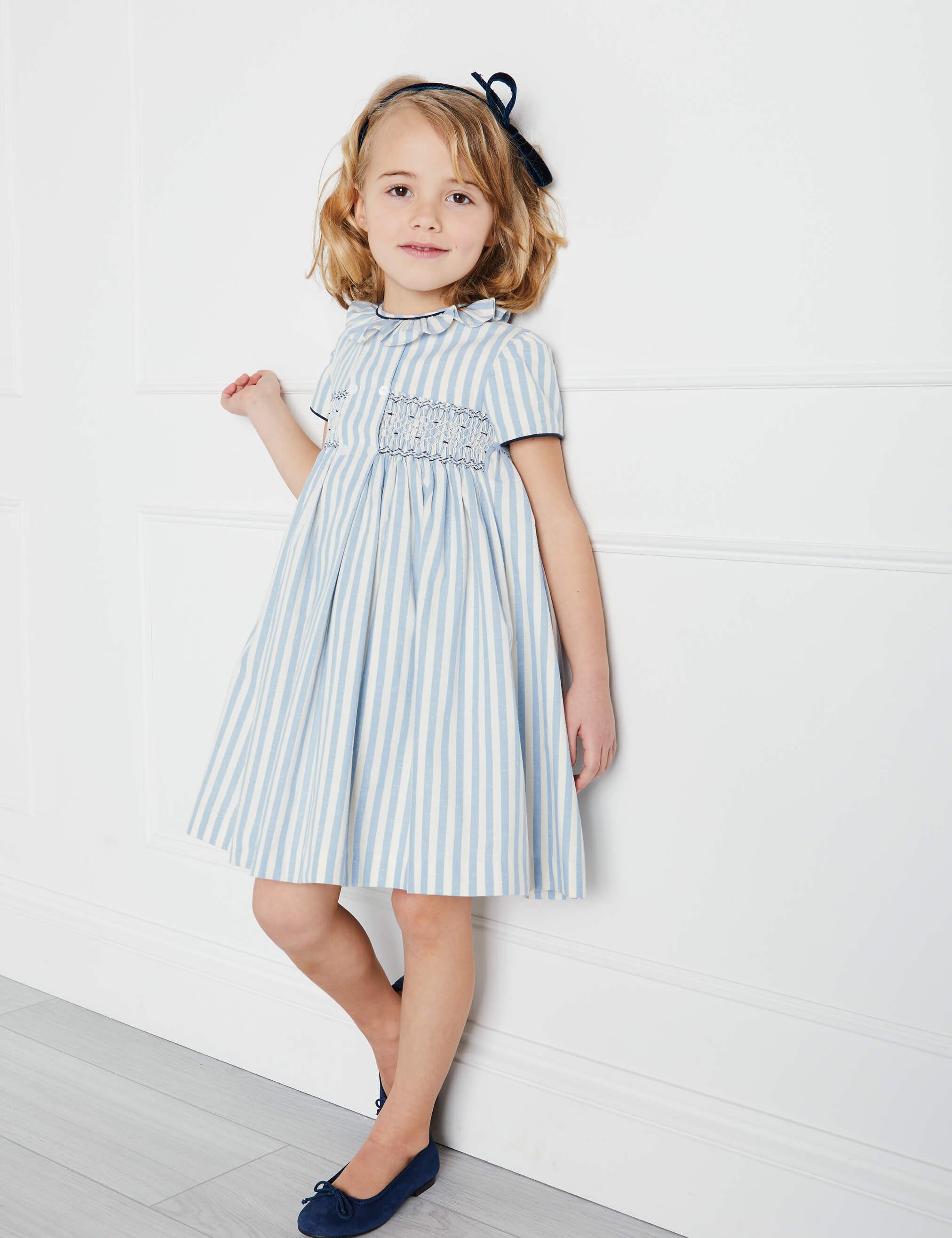 Hand Smocked Delicate Stripe Short Sleeve Dress in Blue (12mths-10yrs) Dresses  from Pepa London