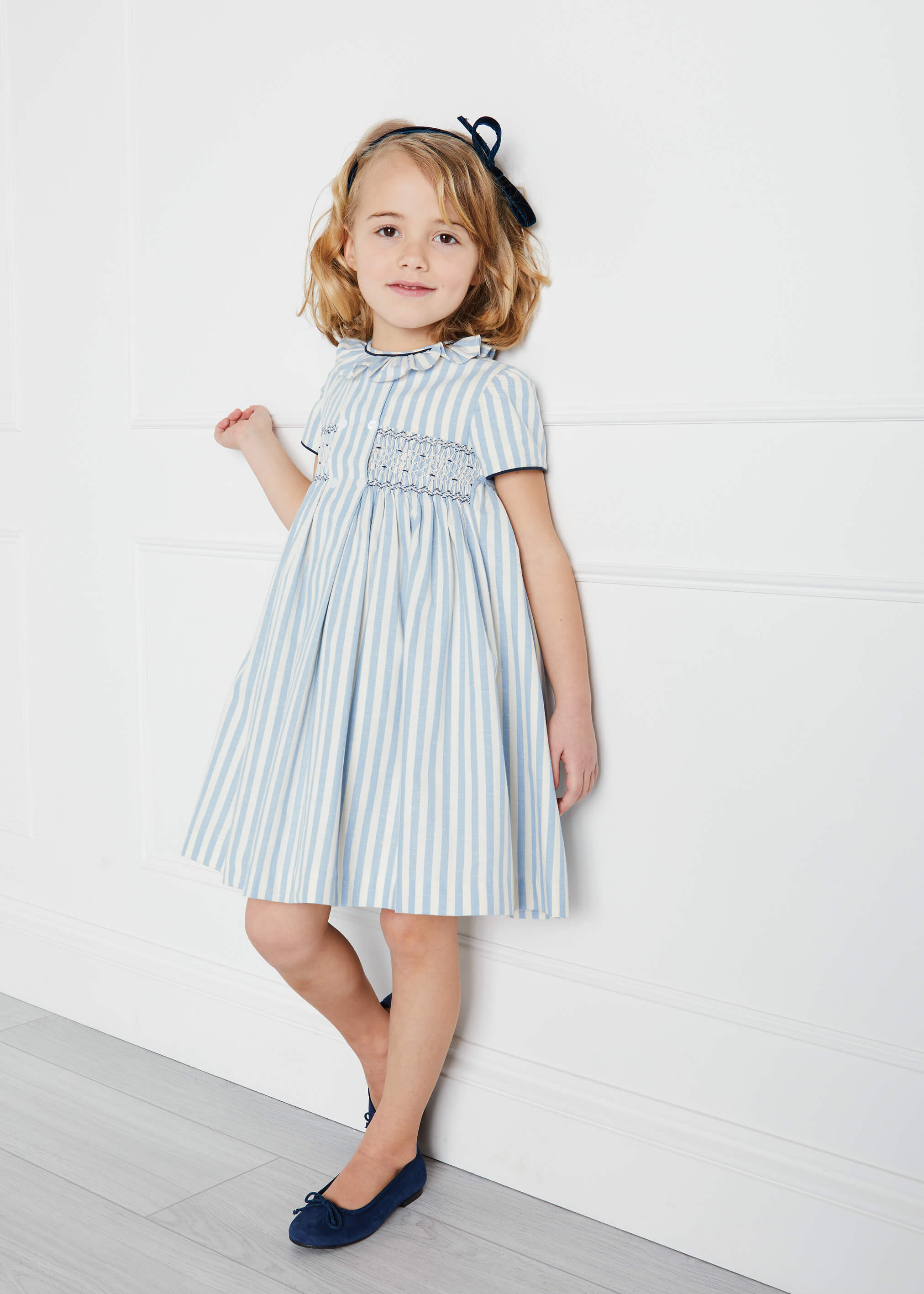 Hand Smocked Delicate Stripe Short Sleeve Dress in Blue (12mths-10yrs) Dresses  from Pepa London