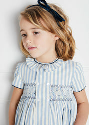Hand Smocked Delicate Stripe Short Sleeve Dress in Blue (12mths-10yrs) Dresses  from Pepa London