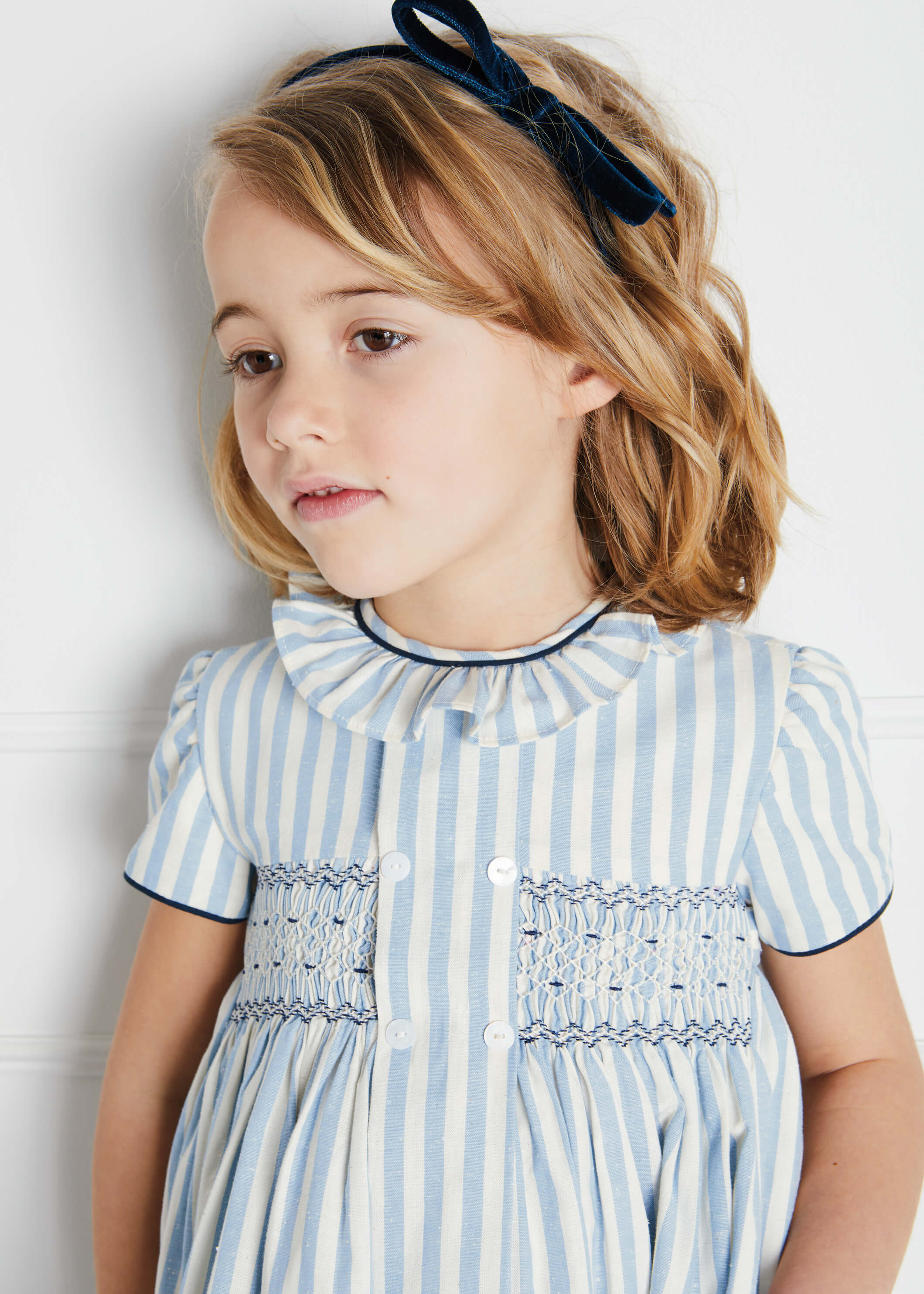Hand Smocked Delicate Stripe Short Sleeve Dress in Blue (12mths-10yrs) Dresses  from Pepa London