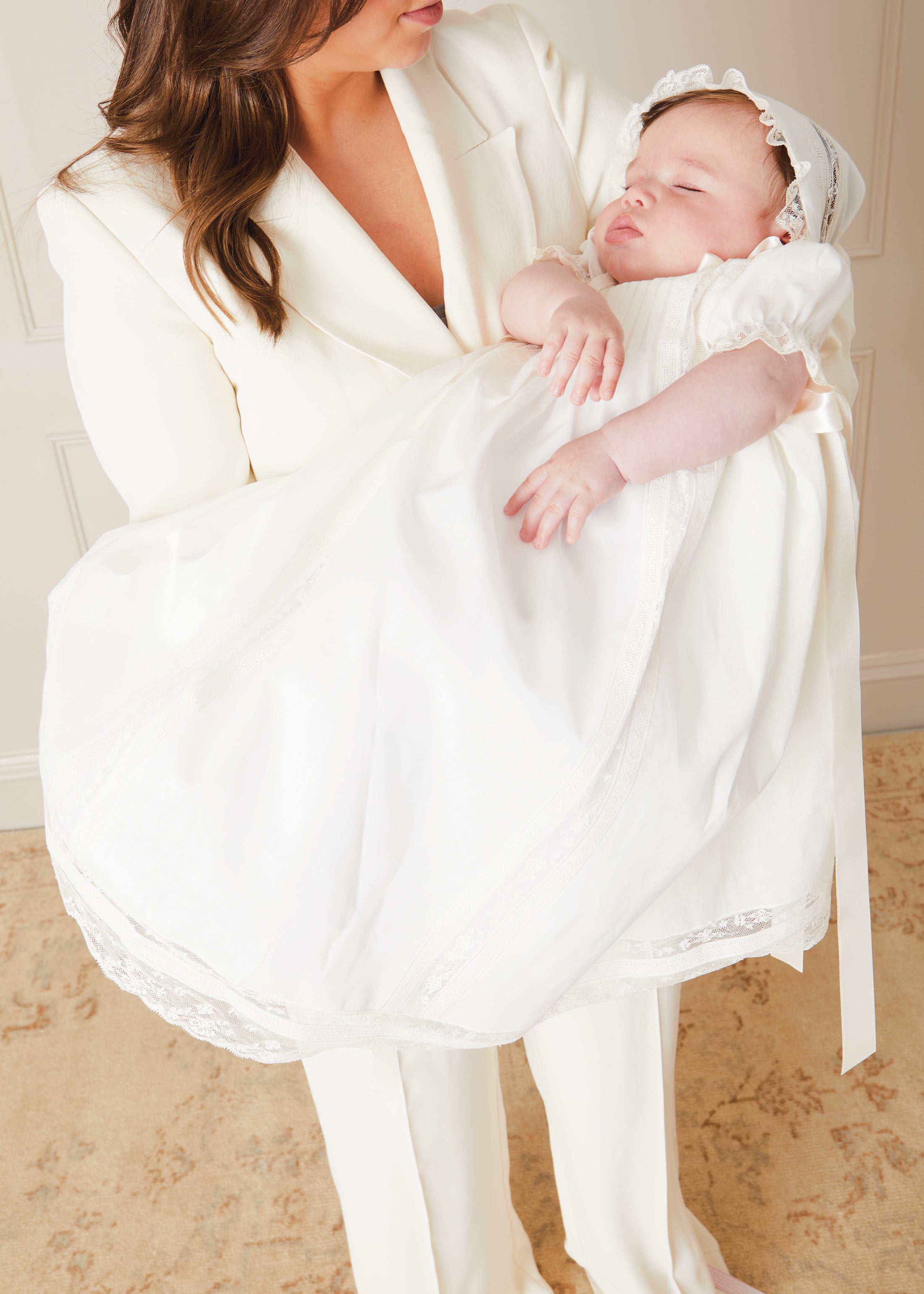 Bespoke Organic Cotton Dress With Shoulder Ribbons and Bonnet Made to order  from Pepa London