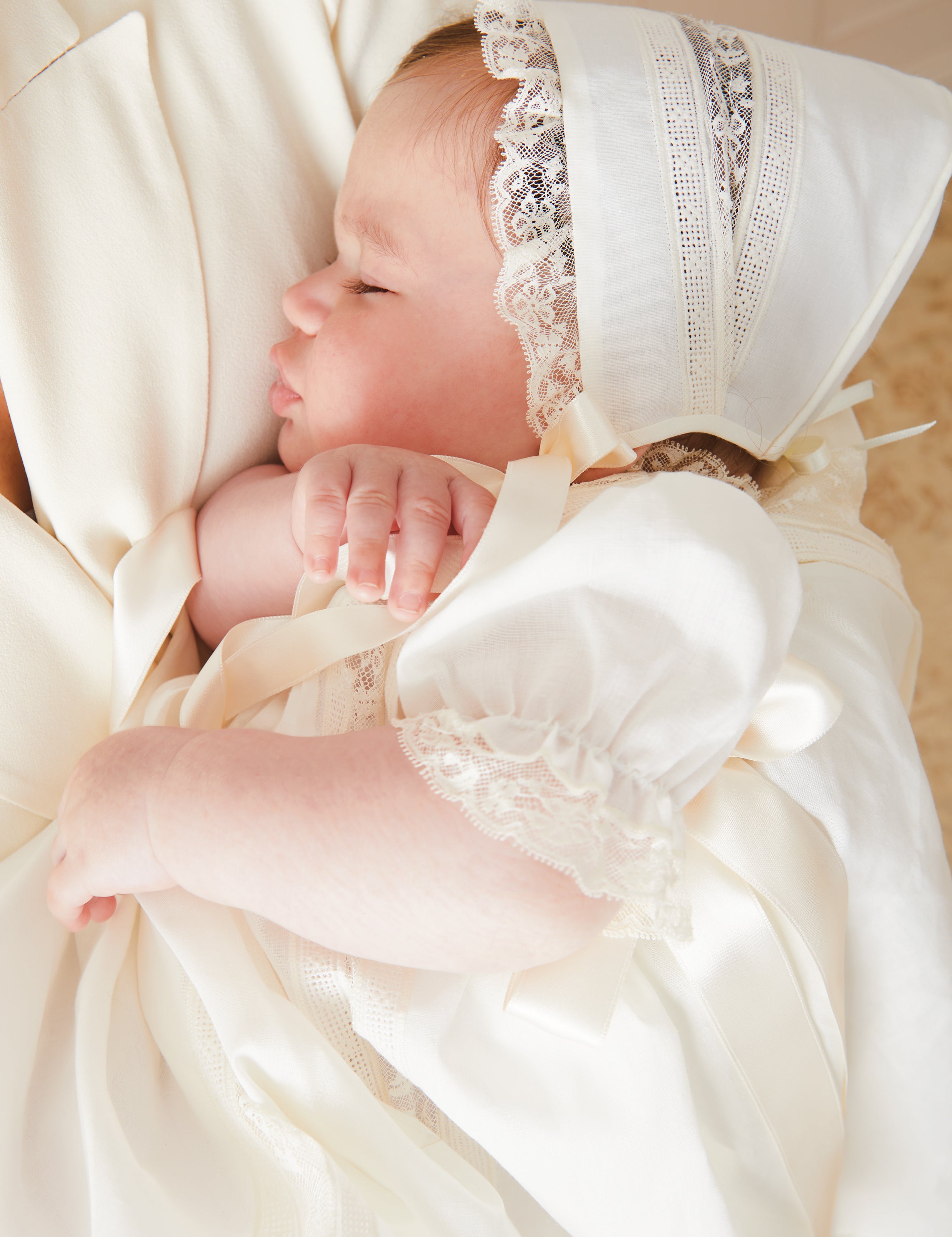 Bespoke Organic Cotton Dress With Shoulder Ribbons and Bonnet Made to order  from Pepa London