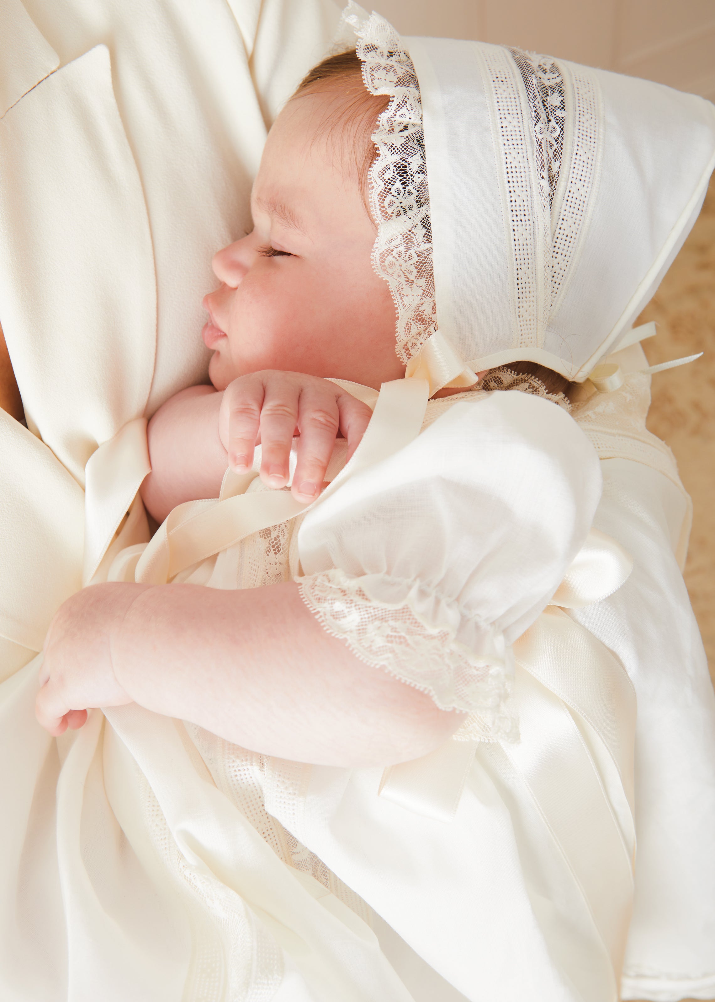 Bespoke Organic Cotton Dress With Shoulder Ribbons and Bonnet Made to order  from Pepa London