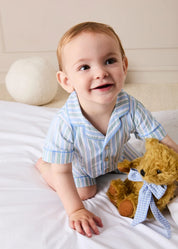 Limited Edition Merrythought & Pepa Teddy Bear with Beauchamp Gingham Bow in Blue (S-M) Toys from Pepa London