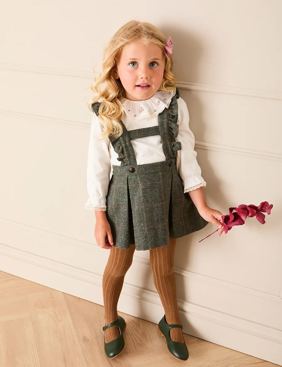 Harrington Tweed Skirt With Ruffle Braces in Brown (18mths-6yrs) Skirts from Pepa London