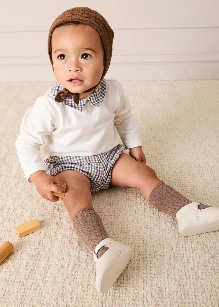 Cadogan Houndstooth Collar Long Sleeve Bodysuit in Brown (1mth-3yrs) Tops & Bodysuits from Pepa London