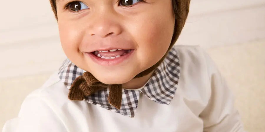 Cadogan Houndstooth Collar Long Sleeve Bodysuit in Brown (1mth-3yrs) Tops & Bodysuits from Pepa London
