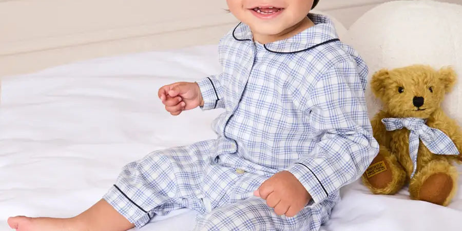 Wilfred Check Long Sleeve All In One Pyjamas in Blue (6mths-3yrs) NIGHTWEAR from Pepa London