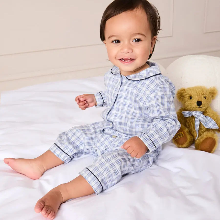 Wilfred Check Long Sleeve All In One Pyjamas in Blue (6mths-3yrs) NIGHTWEAR from Pepa London