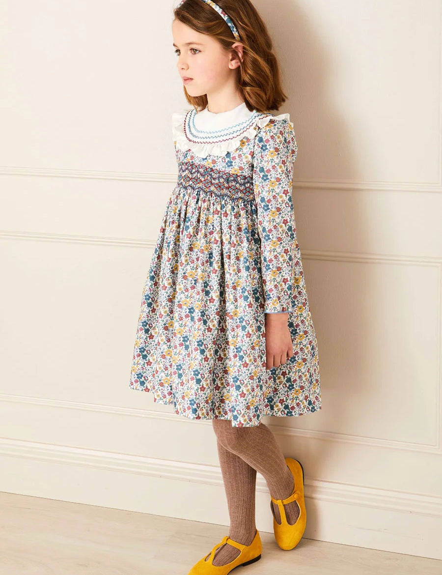 Emilia Floral Hand Smocked Long Sleeve Dress in Burgundy (12mths-10yrs) Dresses  from Pepa London