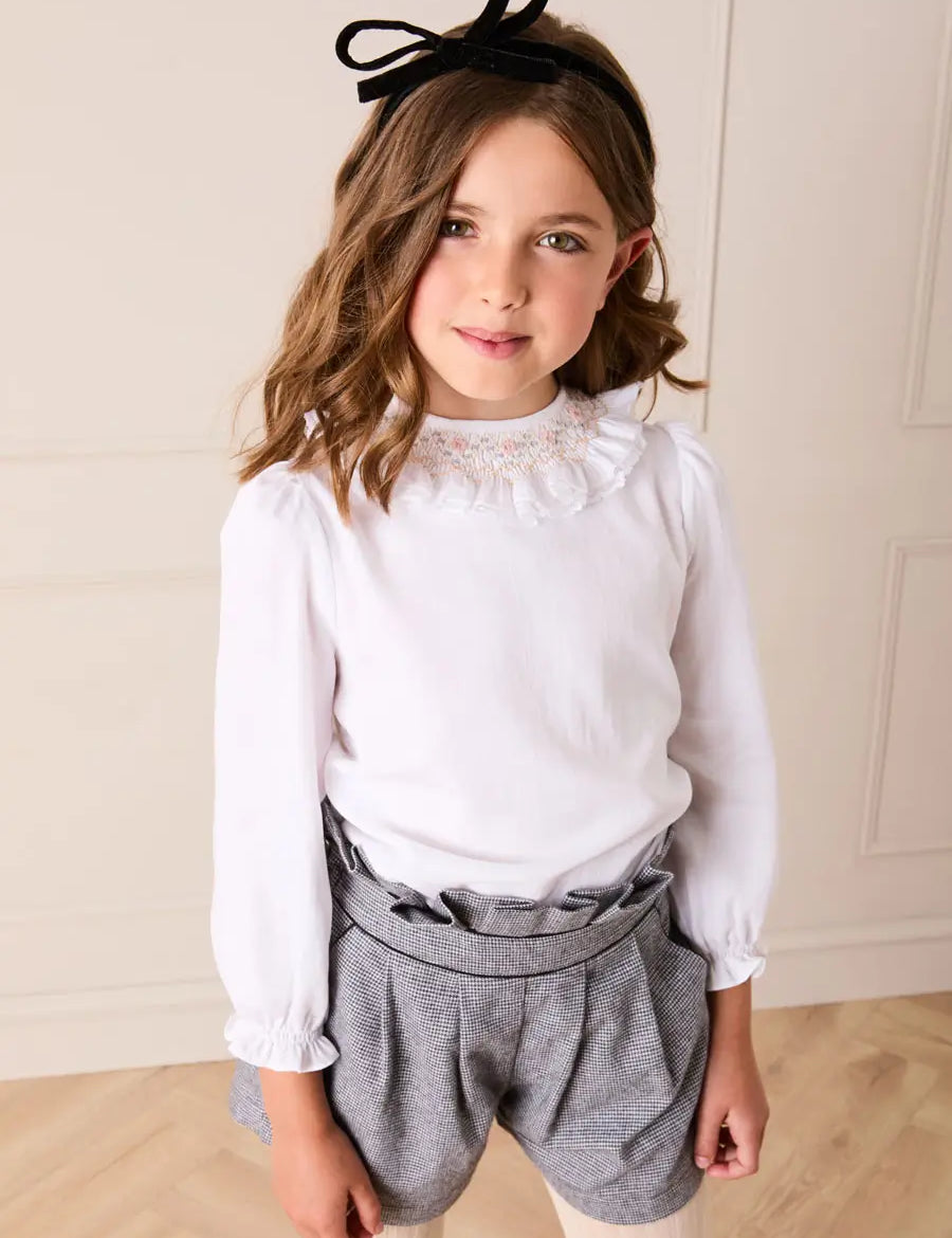 Floral Embroidered Ruffle Collar Lace Trim Blouse in White (2-10yrs) Blouses from Pepa London